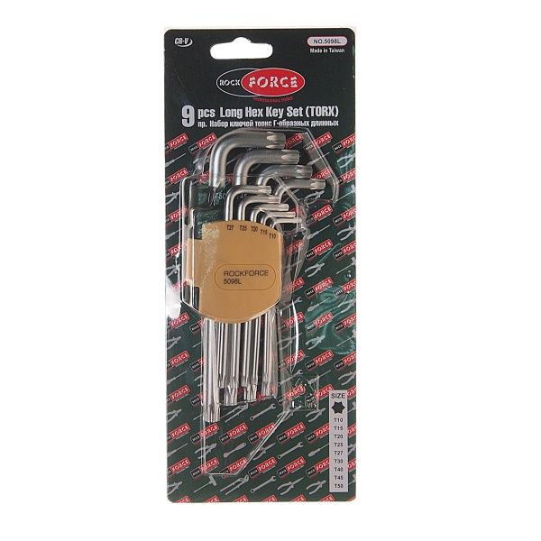 Набор ключей TORX RF-5098L: Г-образных удлиненных T10-T50 9пр. на пласт. держат.  ROCKFORCE /1/50